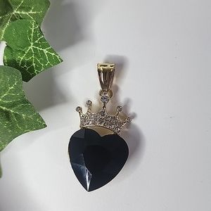 Gold Black Crystal Heart with Crown Charm Pendant